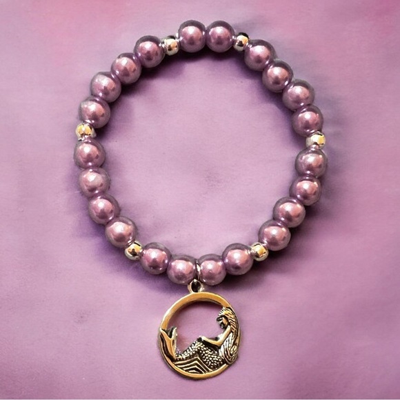 Custom Purple Beaded Stretchy Bracelet with Mermaid Charm - Picture 3 of 3
